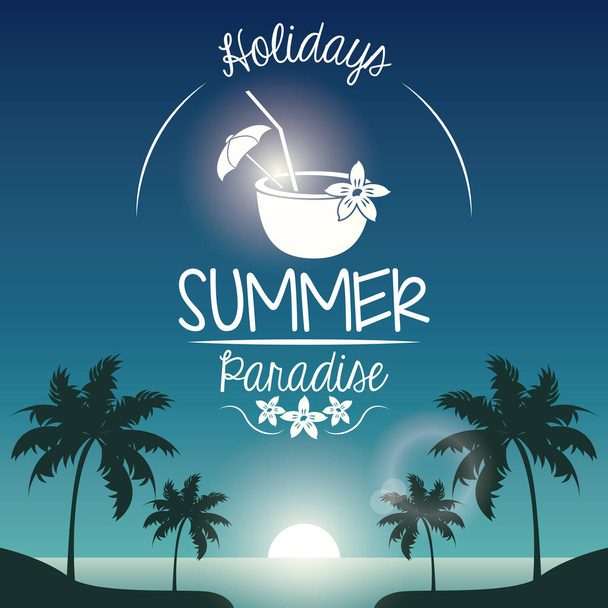 poster paisagem por do sol de palmeiras na praia com logotipo feriados paraíso de verão e coqueiro
 - Vetor, Imagem