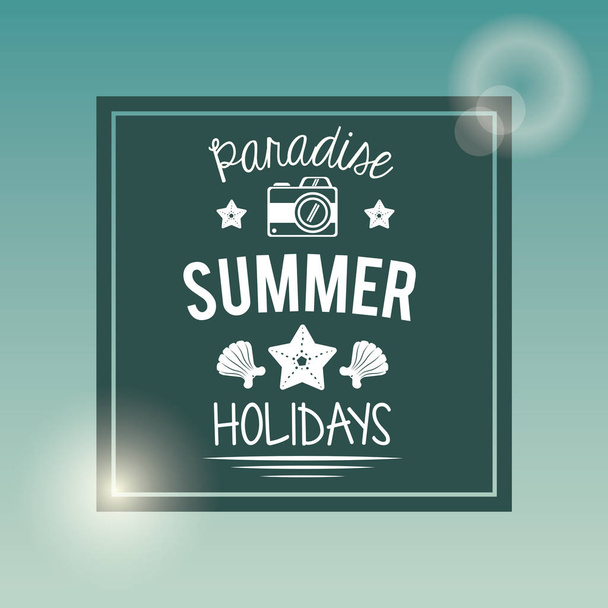 poster with square frame of logo text paradise summer holidays with camera - Vektör, Görsel