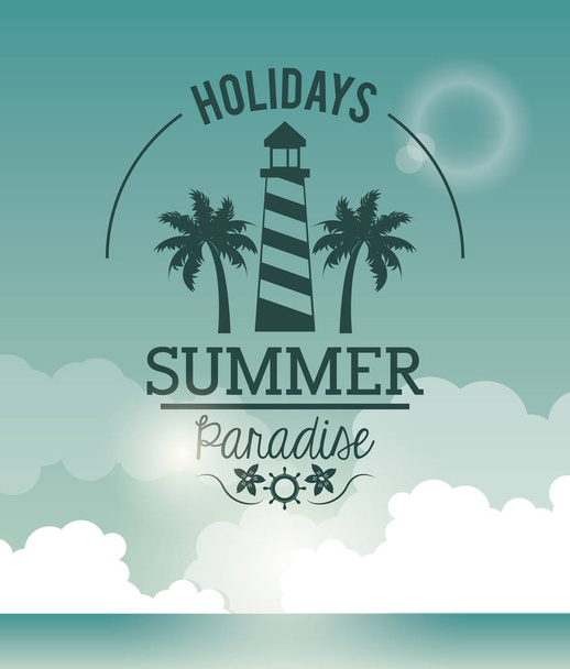 cartel cielo océano paisaje de vacaciones logo paraíso de verano con faro
 - Vector, Imagen