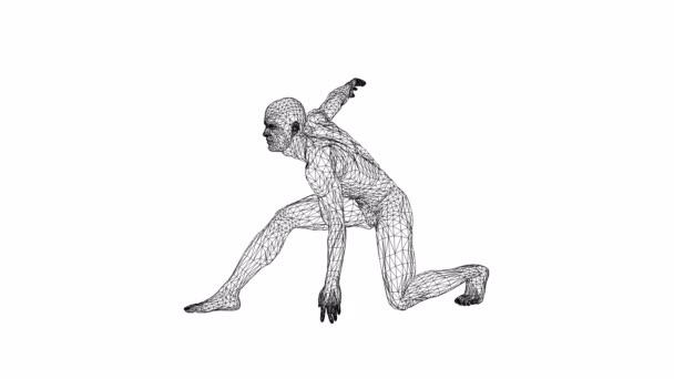 Male athlete discus thrower or a runner, in standby or low start. Views from different sides. illustration of black, triangular grid on a white background. - Footage, Video