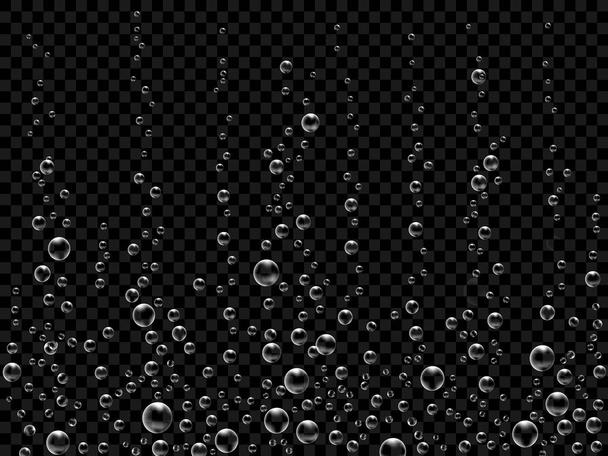 Bruiste luchtbellen op zwarte achtergrond. Onderwater zuurstof textuur van water of dranken. Koolzuurhoudende bubbels in soda water, champagne, mousserende wijn, limonade, aquarium, zee, Oceaan. Realistische 3d illustratie - Vector, afbeelding