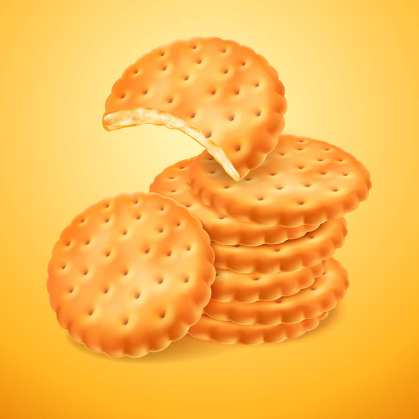Στρογγυλή νόστιμα μπισκότα ή κράκερ απομονώνονται σε κίτρινο φόντο. Το δαγκωμένο σχήμα του μπισκότου. Τραγανά ψήσιμο. Διάνυσμα 3d απεικόνιση για το σχεδιασμό συσκευασίας ή διαφήμιση - Διάνυσμα, εικόνα