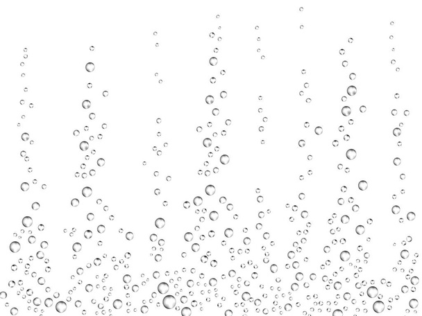 sprudelnde Luftblasen auf weißem Hintergrund. Sauerstofftextur von Wasser oder Getränken unter Wasser. sprudelnde Blasen in Sodawasser, Champagner, Sekt, Limonade, Aquarium, Meer, Ozean. Realistische 3D-Illustration - Vektor, Bild
