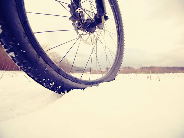 Invierno mtb montar en el país nevado. Vista baja del tobillo a la rueda con neumático de lodo de nieve
. - Foto, imagen
