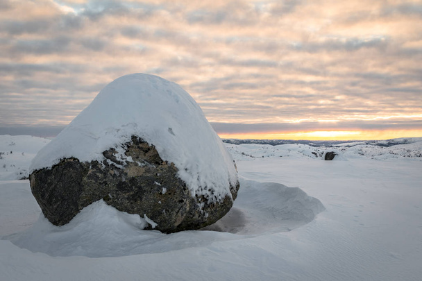 Kaunis talvi auringonnousu yhdellä lumen peittämällä kivellä. Brokke, Setesdal Norjassa
 - Valokuva, kuva