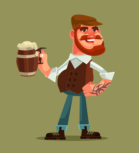Onnellinen hymyilevä mies pitää muki olutta. Vektori tasainen sarjakuva kuvitus
 - Vektori, kuva