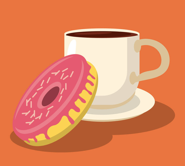 sweet donut and cup beverage hot food - Vector, Image