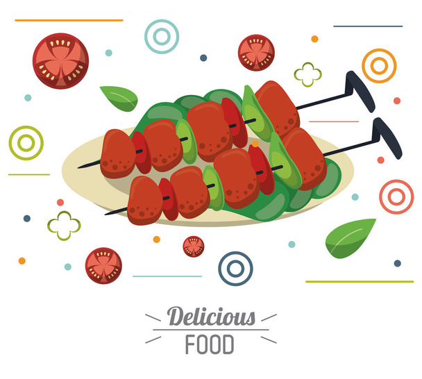 delicious food skewers grilled meat vegetables nutrition - Vector, Image