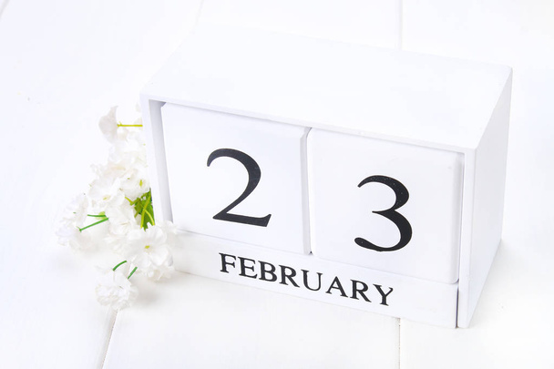 White wooden calendar with black 23 february word with clock and plant on white wood table. - Foto, immagini