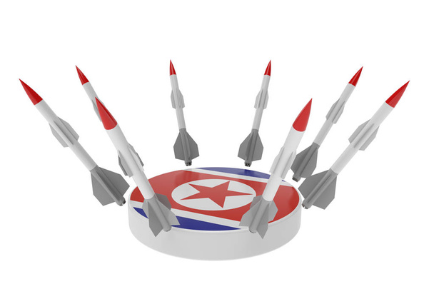 北朝鮮の旗の背景に対してロケット - 写真・画像