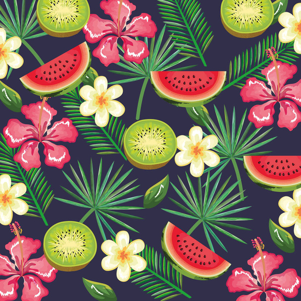 tropical garden with watermelon and kiwi - Vector, Image