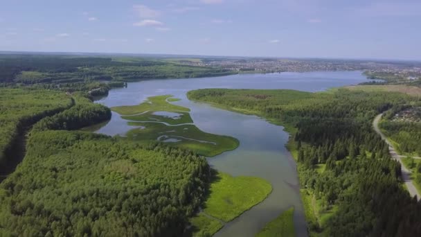 Aerial view over sunny lake surrounded by pine tree forest near town. Clip. During sunny summer day. Top view of the forest lake near the town - Footage, Video