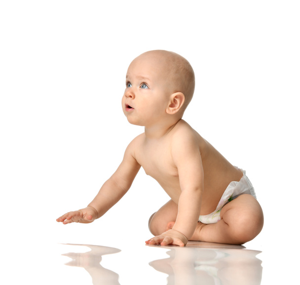 Infant child boy toddler sitting naked in diaper crawl happy smiling isolated - Zdjęcie, obraz