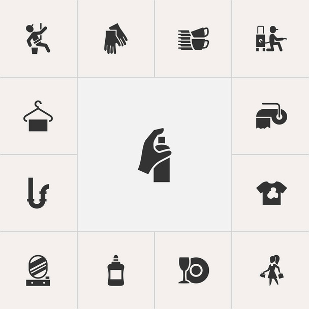 Conjunto de 13 ícones de higiene editável. Inclui símbolos como pulverização de detergente, toalha higiênica, suspender e muito mais. Pode ser usado para web, mobile, UI e design infográfico
. - Vetor, Imagem