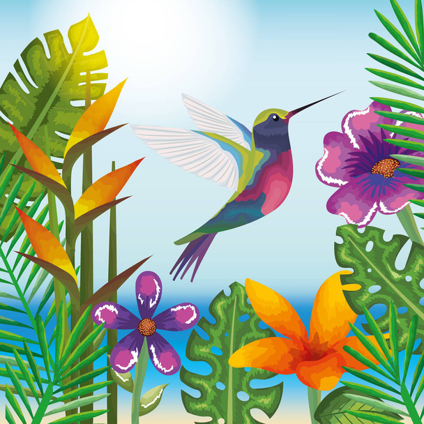 тропический и экзотический сад с колибри
 - Вектор,изображение