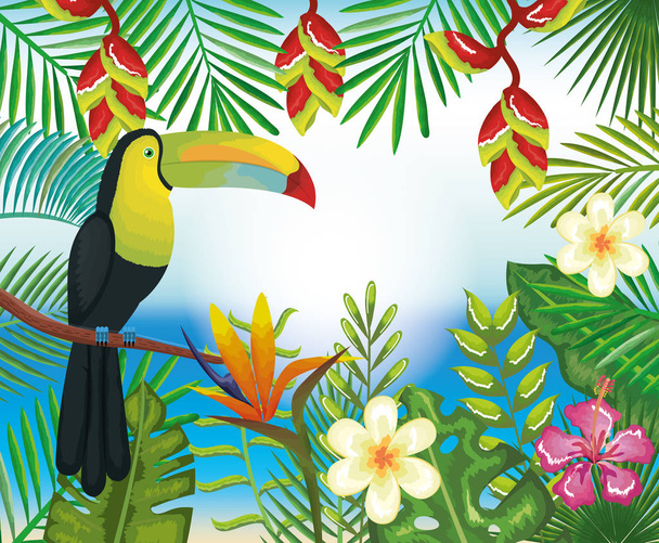 tropické a exotické květiny s toucan - Vektor, obrázek