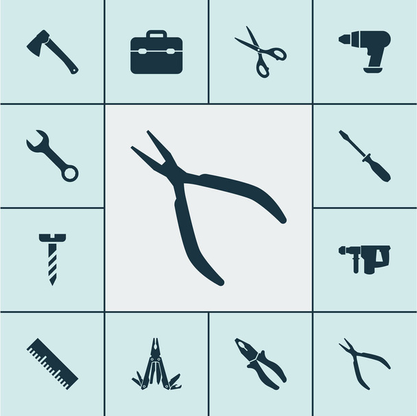 Conjunto de iconos de herramientas con herramientas múltiples, instrumentos eléctricos, alicates y otros elementos de alicates redondos. Iconos de herramientas de ilustración vectorial aislado
. - Vector, imagen