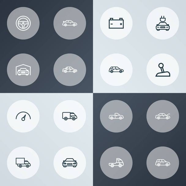 Személygépkocsi ikonok vonal stílus készlet teherautó, gépkocsi, prime mover és sedan elemeivel. Elszigetelt vektoros illusztráció személygépkocsi ikonok. - Vektor, kép