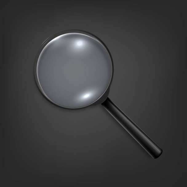 Photo-realistic vector 3d black magnifying glass or Loup icon closeup on black background. Design template for graphics - Vector, Image