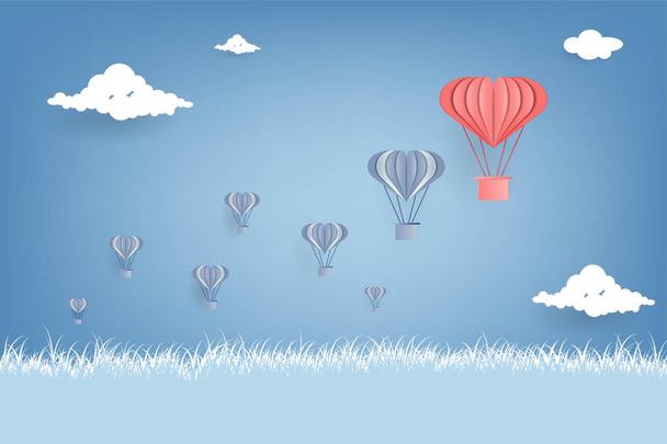 Τέχνη χαρτί με Origami χαρτί αερόστατο ζεστού αέρα πετώντας στον ουρανό. επιχειρηματική ιδέα της ηγεσίας και ομαδική εργασία - Διάνυσμα, εικόνα