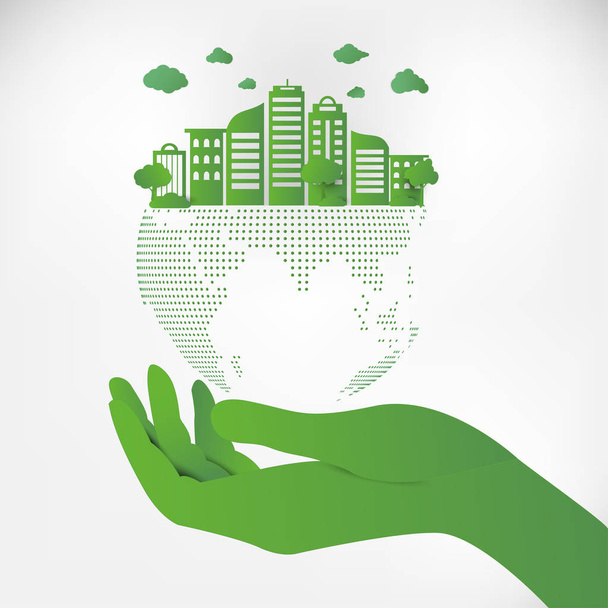Salva Earth Planet World Concept. Concetto giornata mondiale dell'ambiente. green modern urban city on green dot globe, concetto di ecologia
. - Vettoriali, immagini