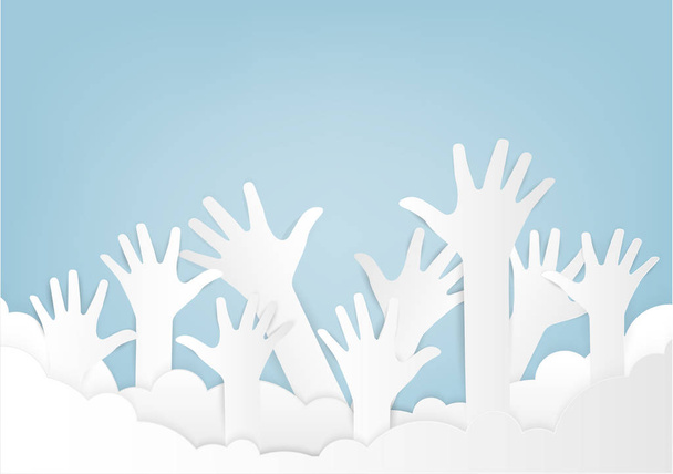 White up hands. Raised hands volunteering vector concept.  paper art and craft style. - Vector, Image