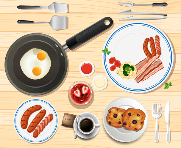 Breakfast set with eggs and sausages - Vector, Image