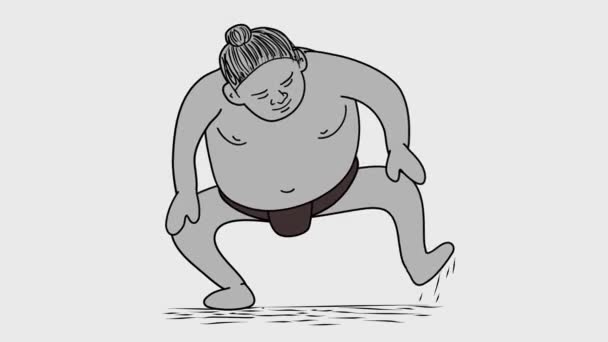 2D animation κίνηση γραφικά δείχνουν μια ιαπωνική παλαιστής σούμο stomping τα πόδια του με την τελετουργική stomping τεχνική της shiko γίνει στυλ ζωγραφικής στη λευκή οθόνη υψηλής ευκρίνειας Hd. - Πλάνα, βίντεο