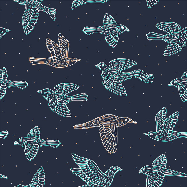 Hand drawn decorative birds seamless pattern. Animal vector illustration - Vector, Image