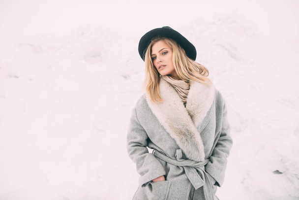 Krásná zimní portrét mladé ženy v zimě zasněžené scenérie. - Fotografie, Obrázek