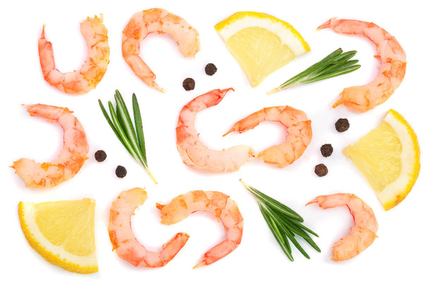 Red cooked prawn or shrimp with rosemary, lemon and peppercorn isolated on white background. Top view. Flat lay - Photo, Image