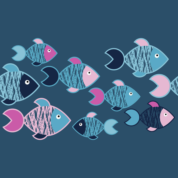 Seamless pattern with fishes in the sea. Cute cartoon. Textile rapport. - Vector, imagen