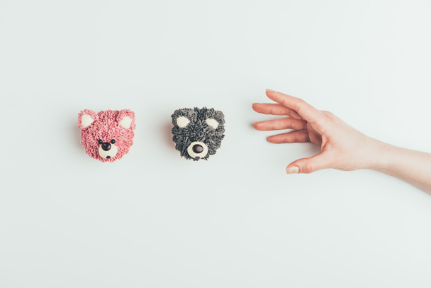 cropped shot of hand and delicious cakes in shape of bears isolated on grey   - 写真・画像