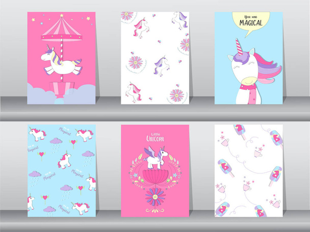 Conjunto de lindo cartel de fantasía, plantilla, tarjetas, unicornio, animales, ilustraciones vectoriales
  - Vector, imagen