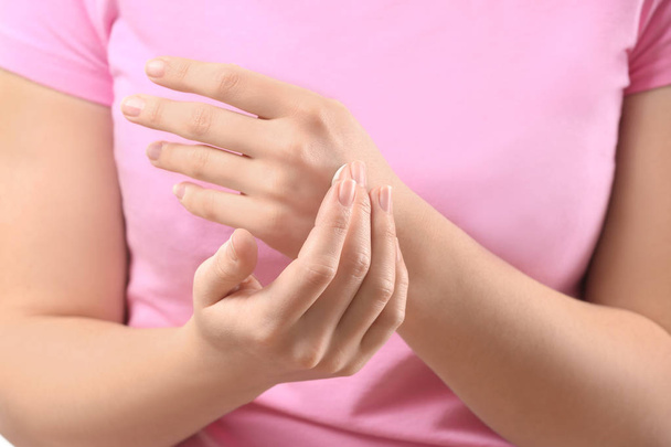 Woman applying body cream onto skin, closeup - Photo, Image