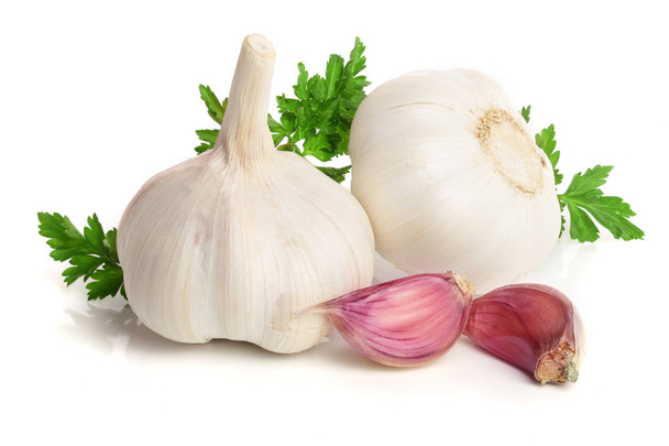 garlic with parsley leaf isolated on white background - Photo, Image