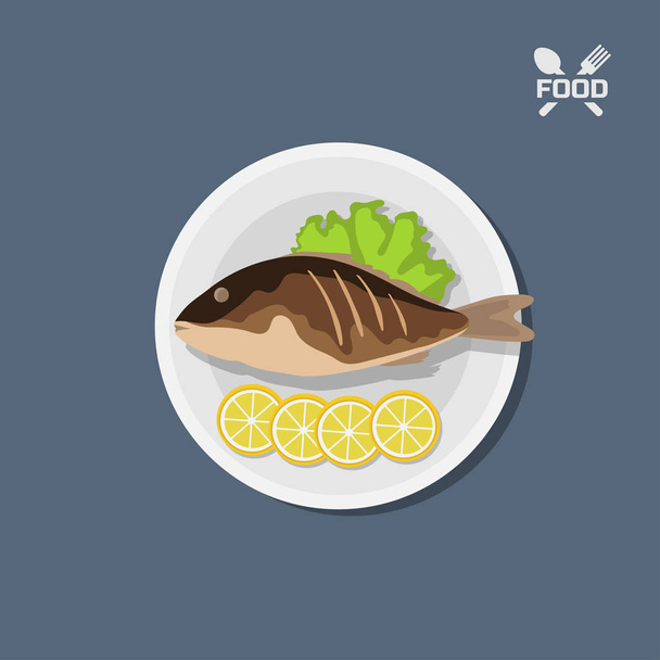 Symbol für gebratenen Fisch mit Zitrone auf einem Teller. Ansicht von oben. Restaurantgericht. Meeresfrüchte - Vektor, Bild