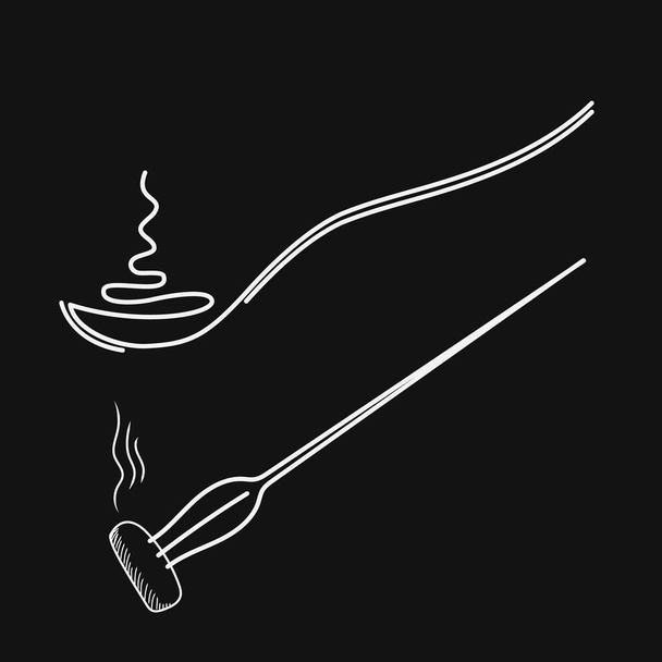Spoon with hot food, drawing one line. Fork with a piece of hot food. - Vektori, kuva