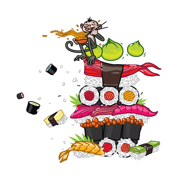 Comida asiática, sushi, sashimi, wasabi. Imagem vetorial, isolada sobre fundo branco. Cozinha japonesa e chinesa. Ilustração para o menu do restaurante, bar de café. Macaco dos desenhos animados e sushi. Entrega de alimentos
. - Vetor, Imagem