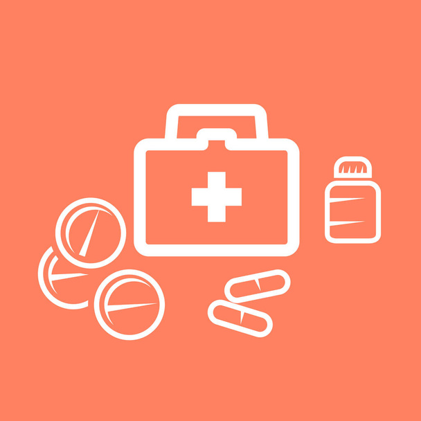 Medical kit box and pills - medicine and pharmacy symbols  - Vector, Image