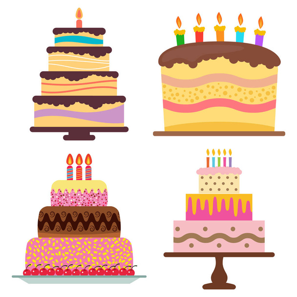 Set de cuatro dulces pasteles de cumpleaños con velas encendidas
 - Vector, imagen