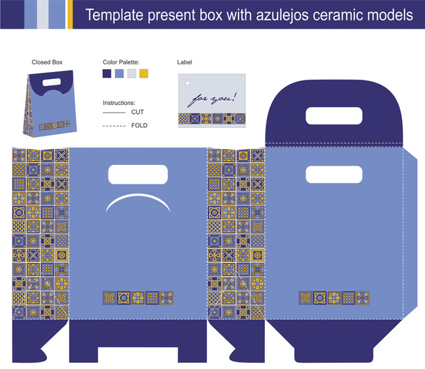 Caixa de presente com azulejos azuis modelos de cerâmica
 - Vetor, Imagem