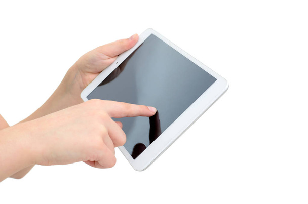 Χέρια που κρατούν gadget που απομονώνονται σε λευκό φόντο - Φωτογραφία, εικόνα