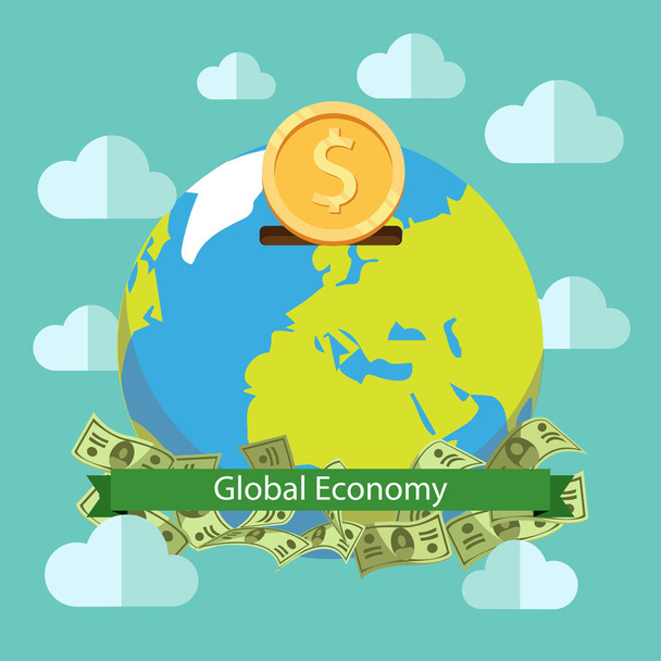 Globális gazdaság világ megtakarítási vektoros illusztráció design. Globális befektetési. Web banner, üzleti prezentáció, reklám anyagok. - Vektor, kép