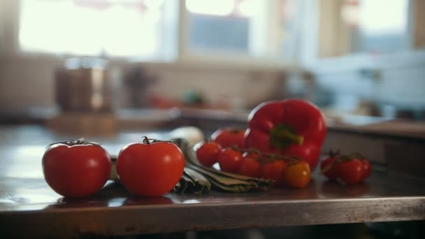 Λαχανικά, ντομάτες, πάπρικα, πράσα ξαπλωμένη στο τραπέζι στην εμπορική κουζίνα - Πλάνα, βίντεο