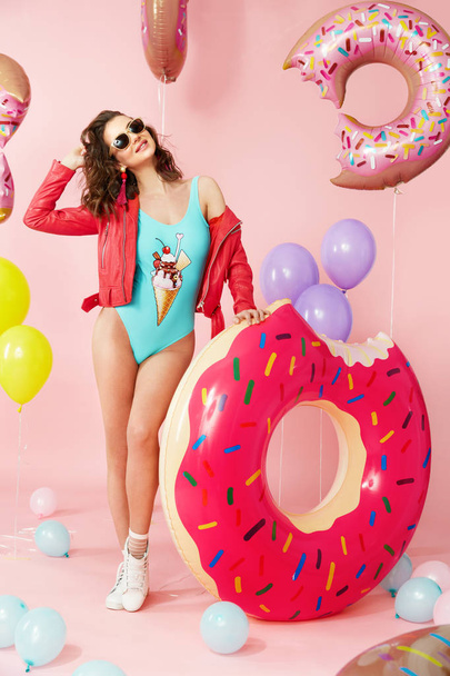 Summer Fashion. Woman In Swimsuit With Balloons - Photo, Image