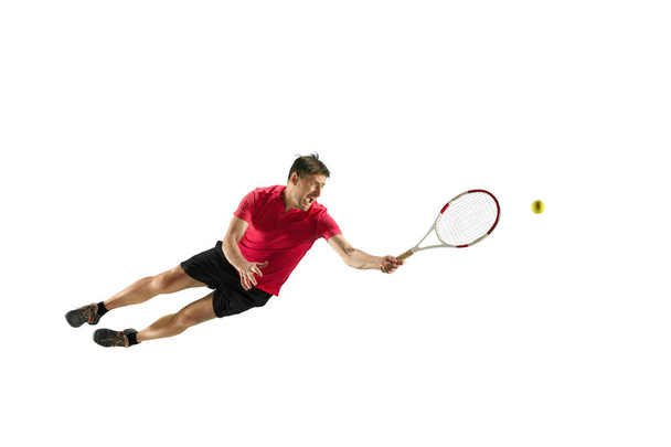 one caucasian man playing tennis player isolated on white background - Foto, Imagen