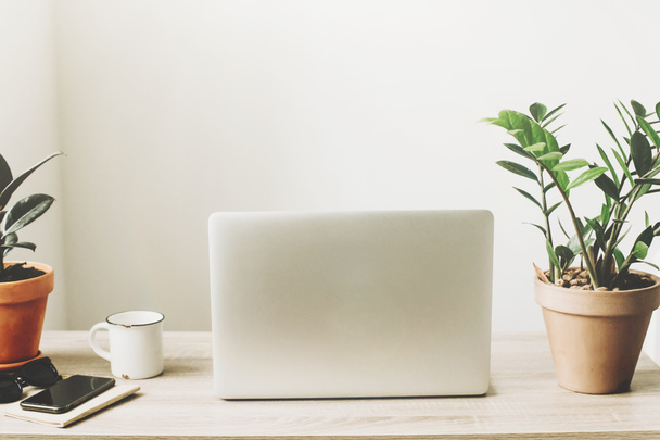 Laptop op houten bureaublad met telefoon, laptop, koffiekopje en planten in de stijlvolle, moderne kamer. Freelance concept. - Foto, afbeelding