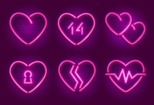 Set of neon heart signs. Happy Valentine's Day decoration elements. Neon signs on a signboards. Eps10 vector - Vector, Image