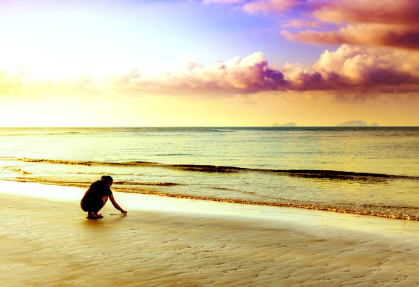 Femme sur la plage tropicale au coucher du soleil
 - Photo, image